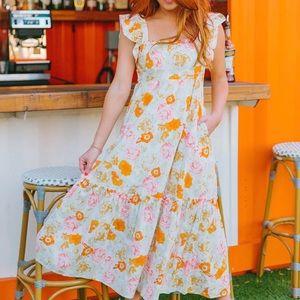 ANASTASIA RUFFLE SHOULDER MIDI DRESS - CREAMSICLE - new, never worn